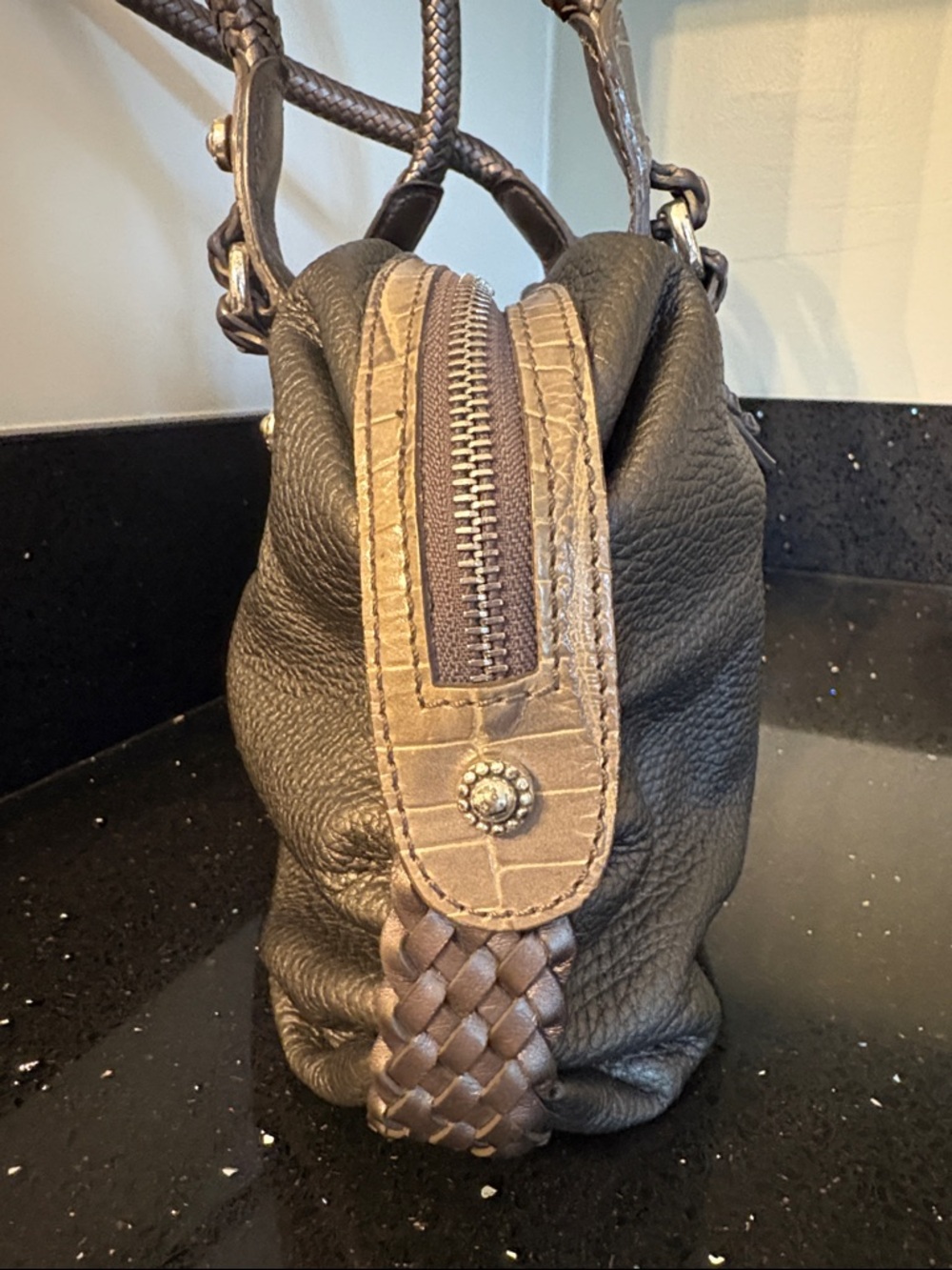 *Brighton Pebbled Leather Double Handles Satchel Handbag Metallic Bronze Hobo - Picture 7 of 17